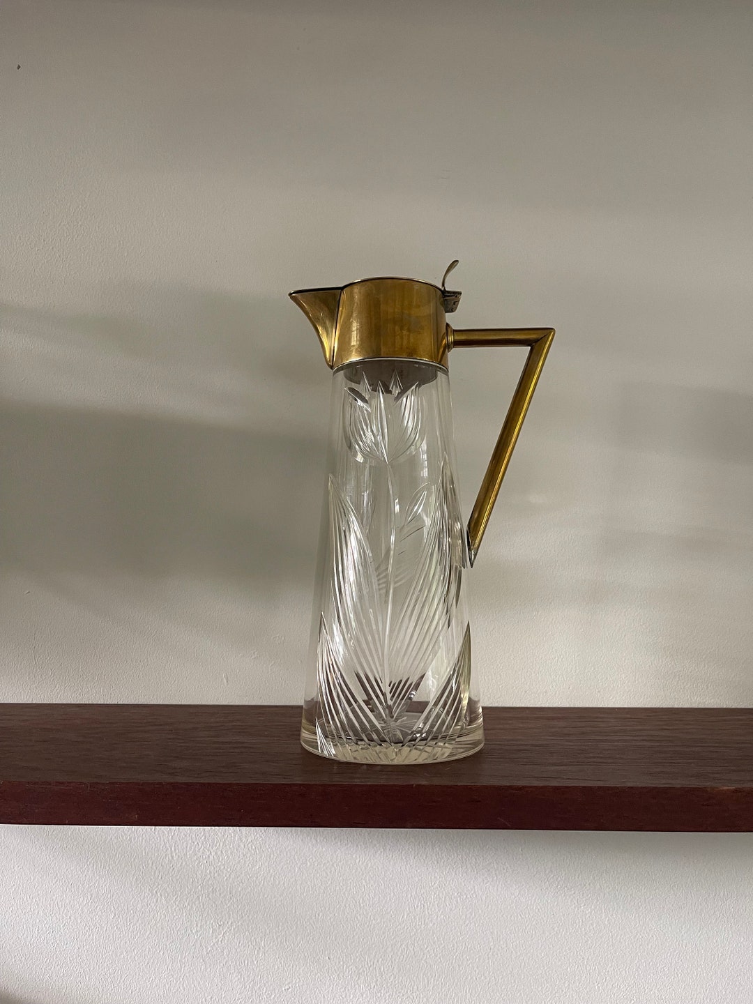 Art Deco Antique Glass Water Jug With Engraved Flowers Etsy