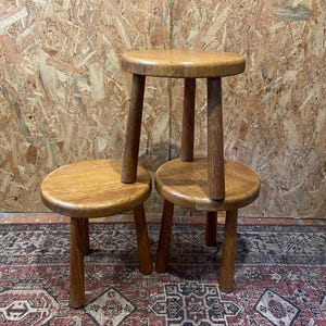Brutalist oak round plant table / stool side table. 60s - 70s, solid oak - light / blond side table. Oisterwijk Netherlands.