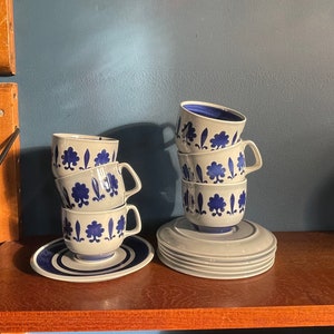 Set of six Boch Baltic from Belgium, Blue cup and saucers, coffee mug / teacup vintage crockery