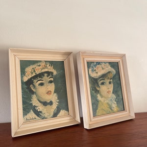 Huldah Victorian lady mini painting. Yvonne and Suzanne. Set of two prints of paintings. Brocante vintage.