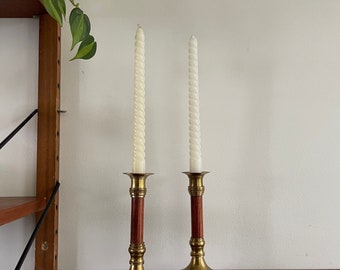 Set of Two Brass With Wood Candlesticks, Candle Holder
