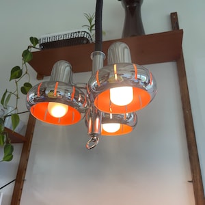 Midcentury Herda pendant lamp, 3 spots. Chrome Space age lamp with orange. Space age 60s-70s ceiling lamp