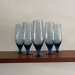 Vintage champagne glasses, set of five (5) petrol blue glasses on foot