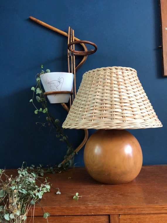 Wooden Round Globe Lamp Made of Solid Wood With Woven Reed Shade