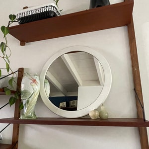 Space age mirror, white plastic midcentury make-up mirror 60s - 70s. Round plastic mirror
