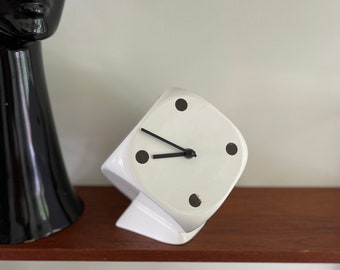 POP ART 80s white clock, Ceramic dice. Eighties design vintage clock.