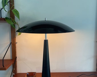 Mushroom lamp, Black with chrome table lamp, metal and wood. Midcentury mushroom table lamp