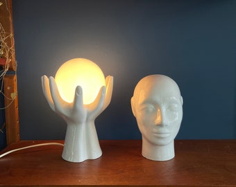 Vintage hands with globe lamp, midcentury light globe white ceramic - eighties design. Hand with lamp / hand lamp. 80s