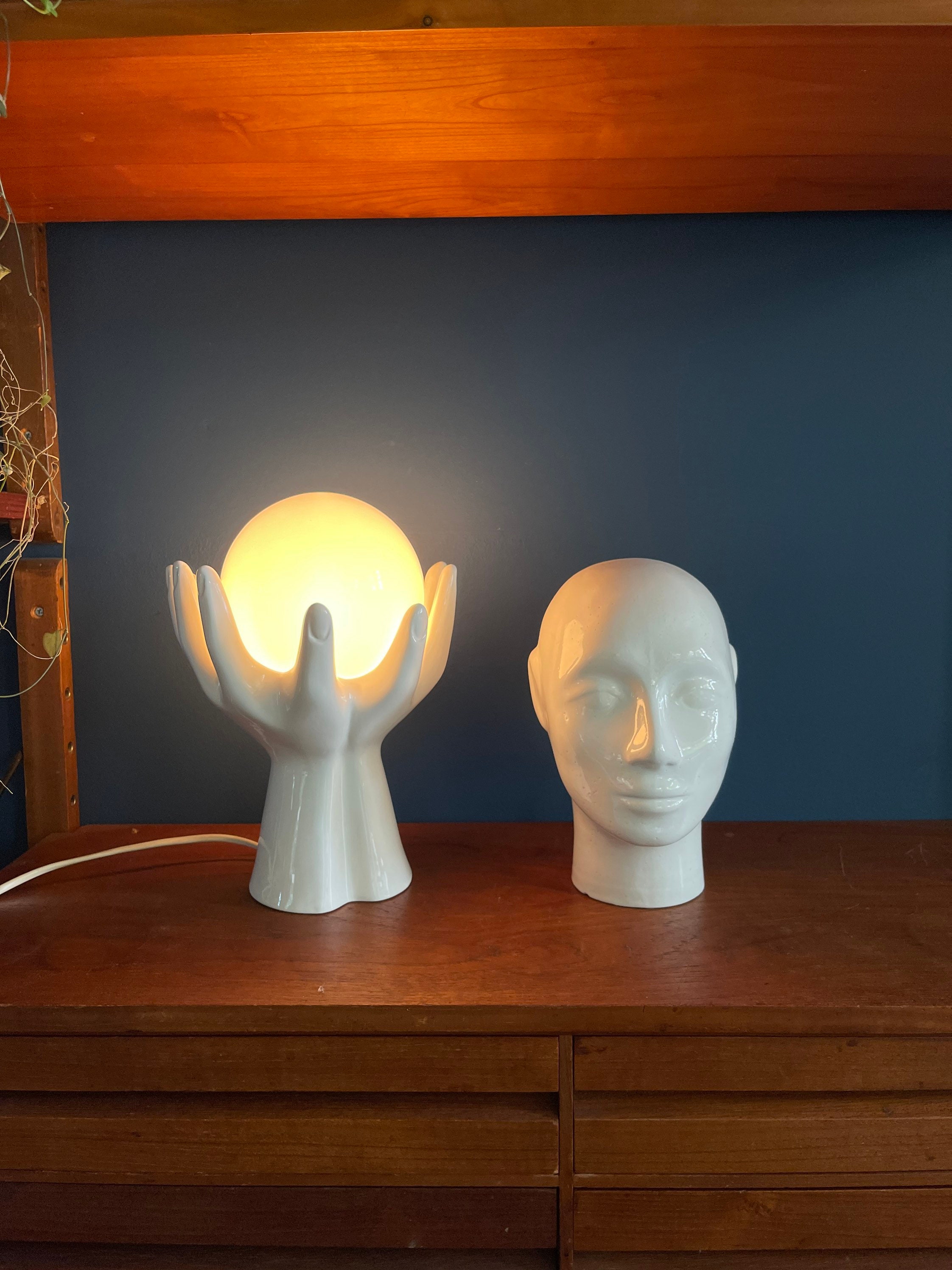 Vintage Hands With Globe Lamp Midcentury Ball of Light White