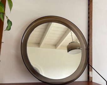 LARGE Space age mirror, light brown plastic midcentury make-up mirror 1960s - 1970s. Transparent edge around