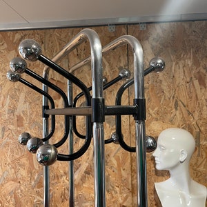 Vintage space-age coat rack, modern black standing coat rack with 6 double hooks. Space-age coat rack with spheres.