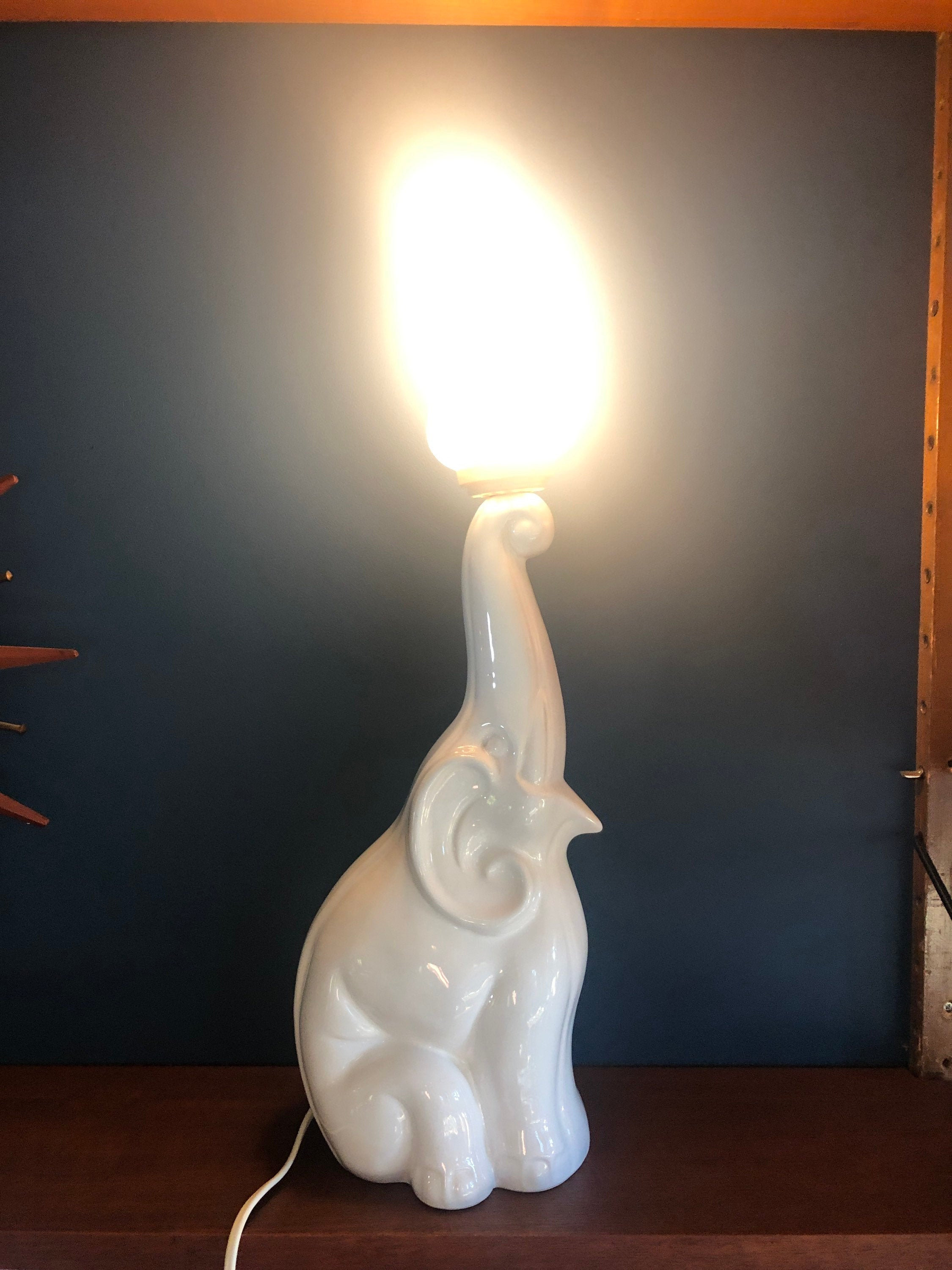 Large White 1970s 1980s Ceramic Lamp Elephant With Glass Shade
