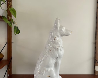 Midcentury porcelain dog with gold details, white ceramic with gold sheepdog. 50 cm - 19.7 inches tall!