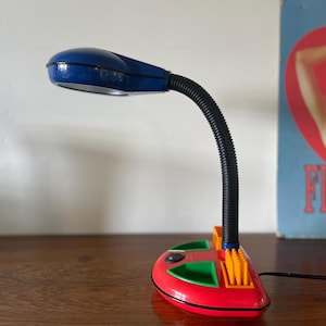 Memphis style desk lamp in bright colors, 80s lamp with organizer for desk, Rabbit Takana
