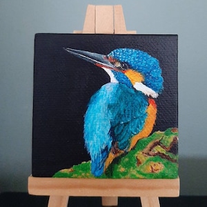 Original painting of a kingfisher, with acrylic paint on mini canvas. Unique. small painting, animal kingdom, small canvas, tine creates