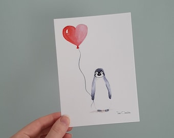 Stampa pinguino, stampa vivaio, cartolina, illustrazione acquerello, palloncino a forma di cuore di pinguino