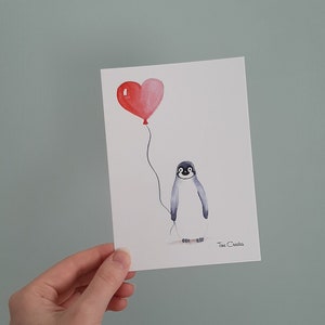 Impression de pingouin, impression de chambre de bébé, carte postale, illustration d'aquarelle, ballon de coeur de pingouin
