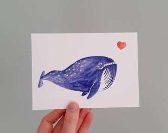 Print of blue whale with heart. Whale print, nursery art, small print, watercolour art