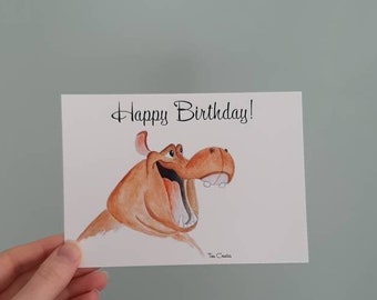 Postcard happy birthday hippopotamus. Print of watercolor illustration