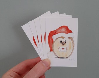 Christmas set of 5 little cards with print of a hedgehog and ribbon