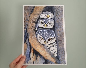 A4 Print of a watercolour illustration of three little owls. Limited edition. Textiled paper. Art print.