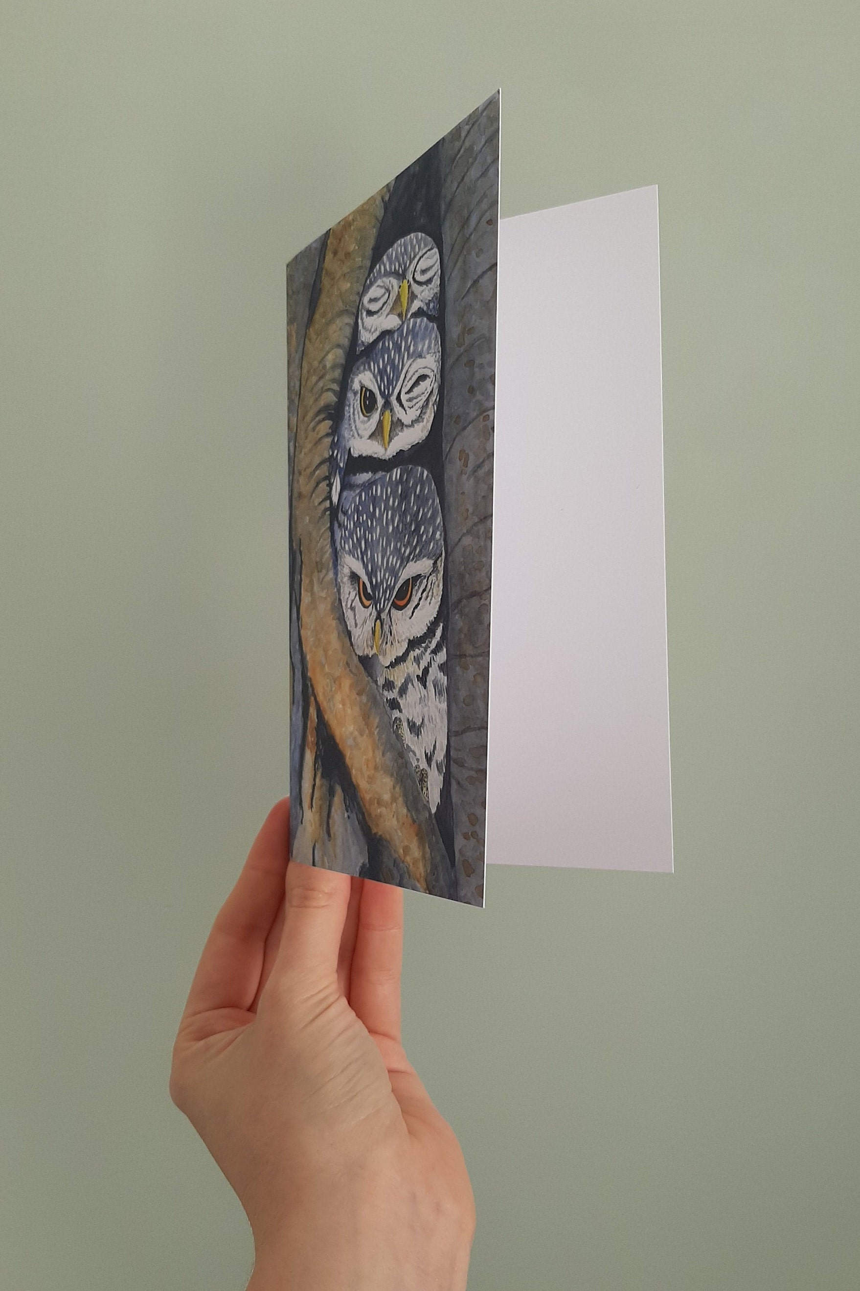 Large postcard with three little owls with white envelope. Print of watercolor illustration