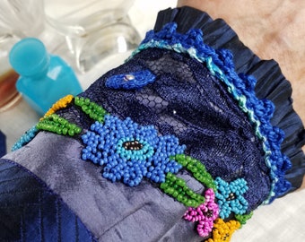 Midnight blue jewelry arm warmers, cuffs, silk, old pearl border