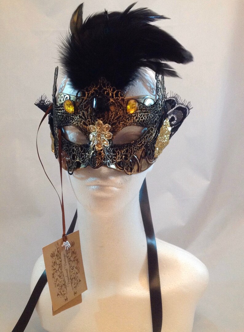 Venetian Double Mask Black Lace Gold With Feathers - Etsy