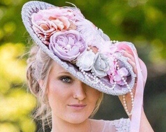 Marie Antoinette 18th Century French New Orleans Ladies Wedding or Ascot Hat with Silk Flowers, Pearls and French Lace