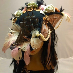 Stunning and Detailed Marie Antoinette 18th Century Tricorn Pirate Hat with a Galleon Ship with Faux Flowers, Feathers and Pearls 52cm crown image 6