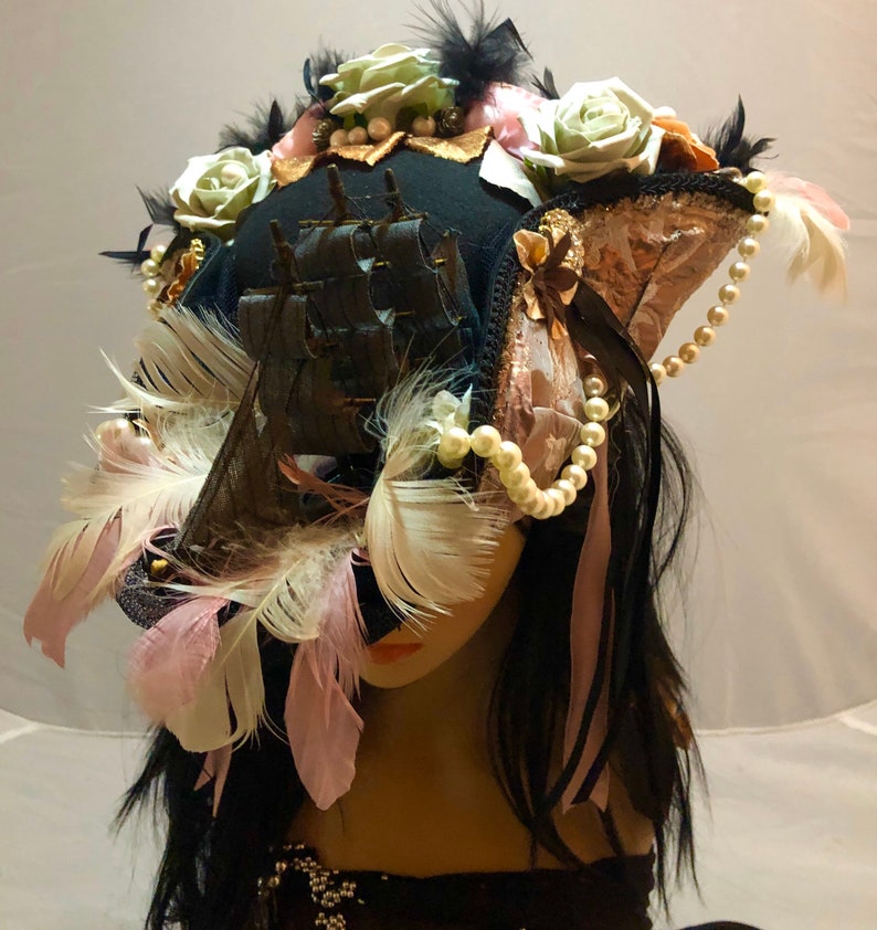 Stunning and Detailed Marie Antoinette 18th Century Tricorn Pirate Hat with a Galleon Ship with Faux Flowers, Feathers and Pearls 52cm crown image 6
