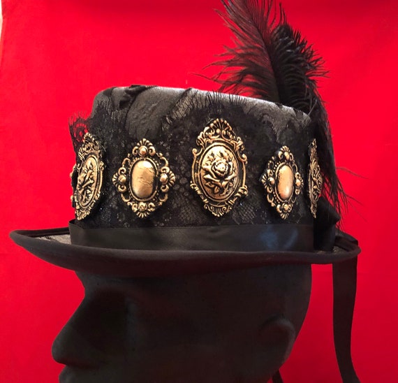 Steampunk Black / Marbled Grey Top Hat With Black Lace, Gold  display picture 1