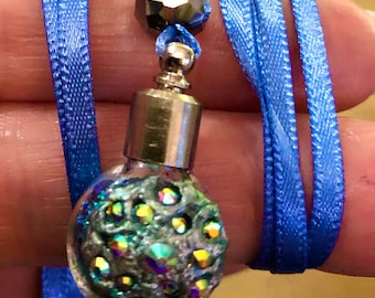 Blue Magic Dust, Fairy Dust Bottle Amulet Pendant, Decorated & Customised with Sculpted Pieces and AB Crystals and filled with Glitter