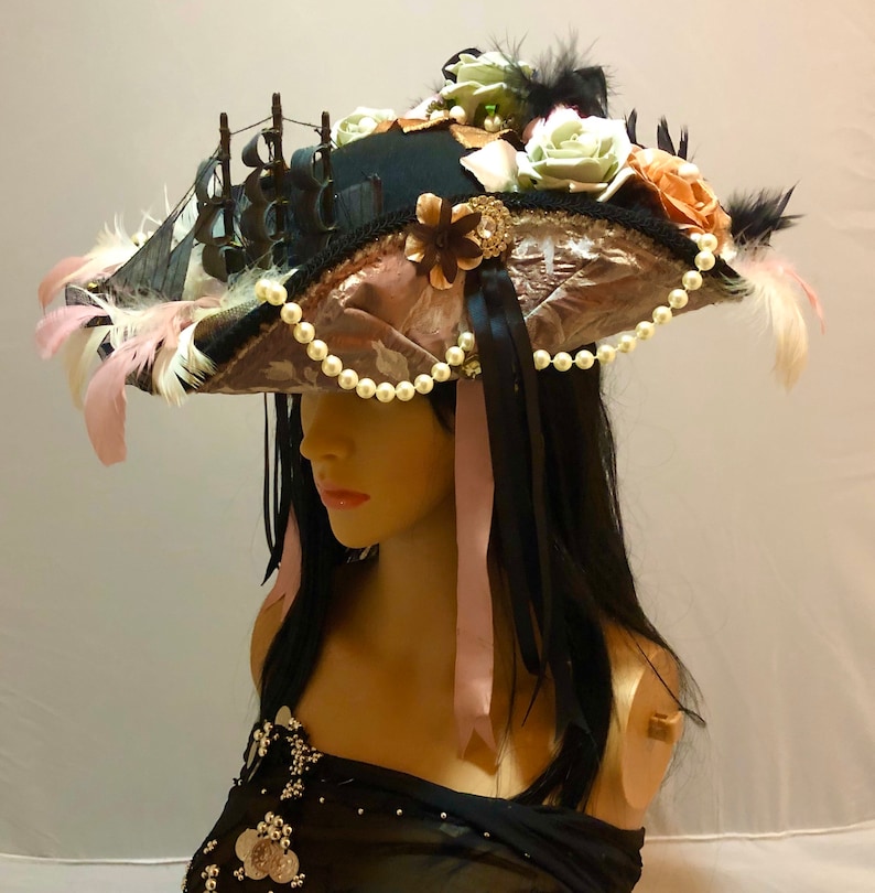 Stunning and Detailed Marie Antoinette 18th Century Tricorn Pirate Hat with a Galleon Ship with Faux Flowers, Feathers and Pearls 52cm crown image 1