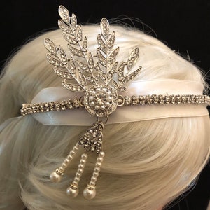 1920’s Flapper White Satin Ribbon and Diamonté Gatsby Jewelled Feather Headband
