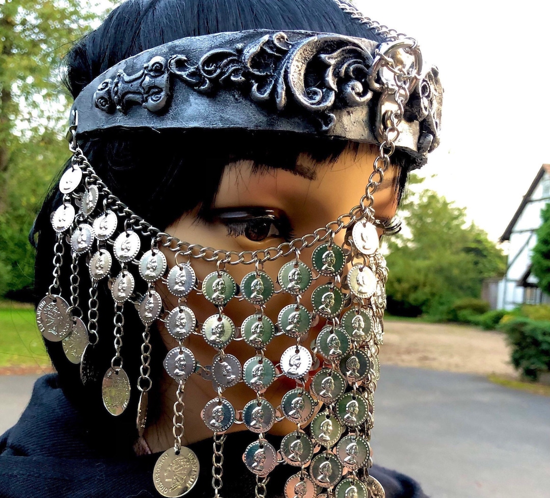 Silver Cosplay Warrior Arabic, Belly Dance, Burlesque Headband Veil  Headdress, Moulded Frame, Silver Coin Chainmail Yashmak