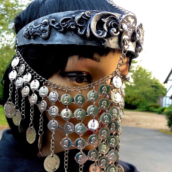 Silver Cosplay Warrior Arabic, Belly Dance, Burlesque Headband Veil Headdress,  Moulded Frame, Silver Coin Chainmail Yashmak