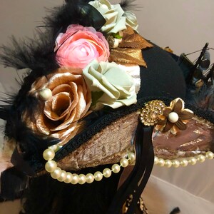 Stunning and Detailed Marie Antoinette 18th Century Tricorn Pirate Hat with a Galleon Ship with Faux Flowers, Feathers and Pearls 52cm crown image 4