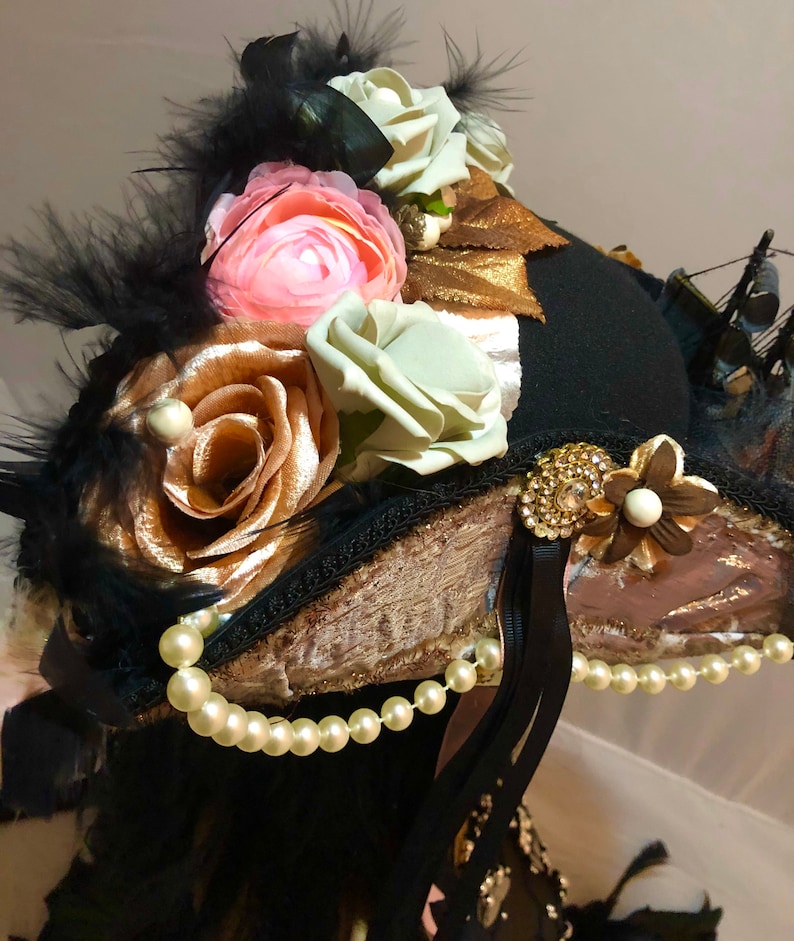 Stunning and Detailed Marie Antoinette 18th Century Tricorn Pirate Hat with a Galleon Ship with Faux Flowers, Feathers and Pearls 52cm crown image 4