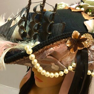 Stunning and Detailed Marie Antoinette 18th Century Tricorn Pirate Hat with a Galleon Ship with Faux Flowers, Feathers and Pearls 52cm crown image 5