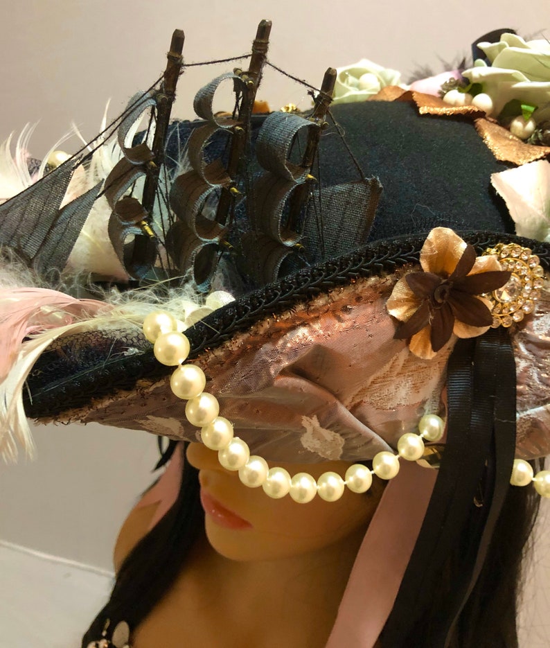 Stunning and Detailed Marie Antoinette 18th Century Tricorn Pirate Hat with a Galleon Ship with Faux Flowers, Feathers and Pearls 52cm crown image 5