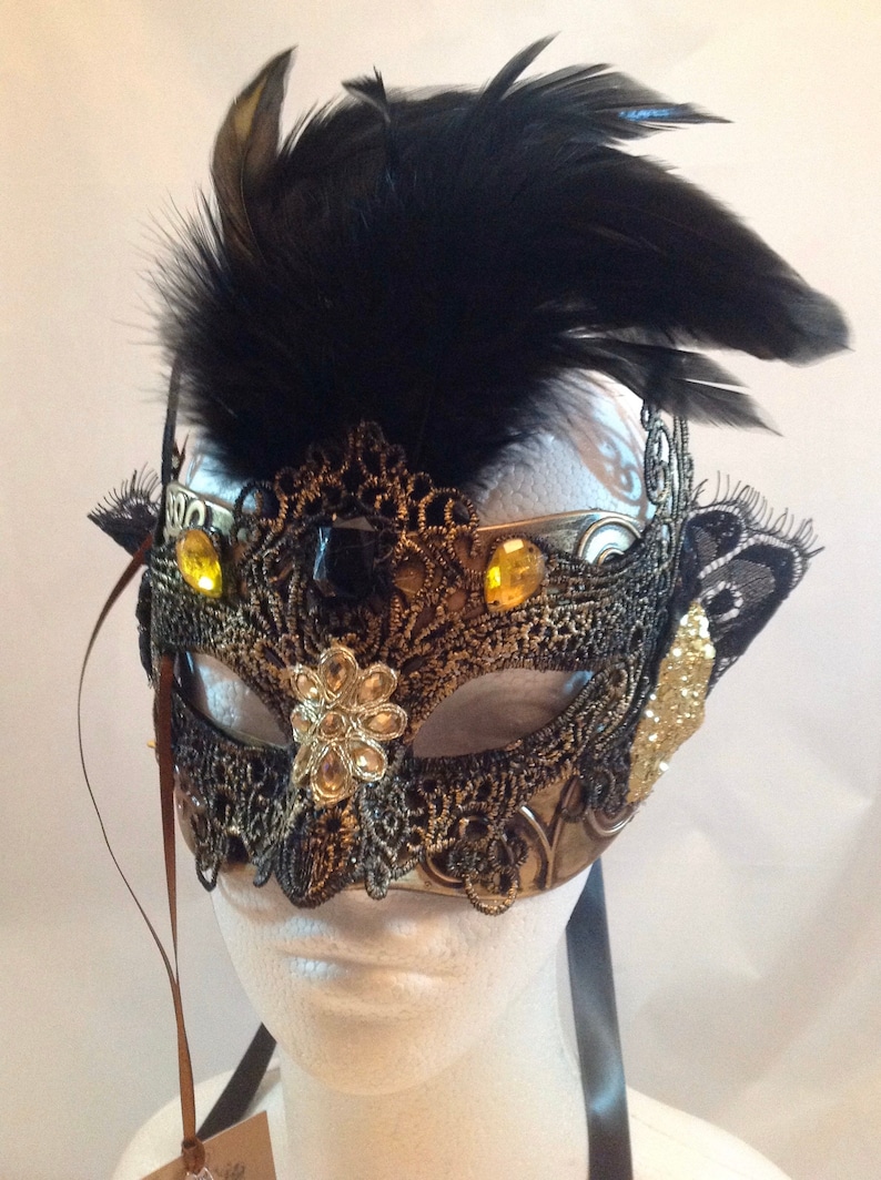Venetian Double Mask Black Lace Gold With Feathers - Etsy