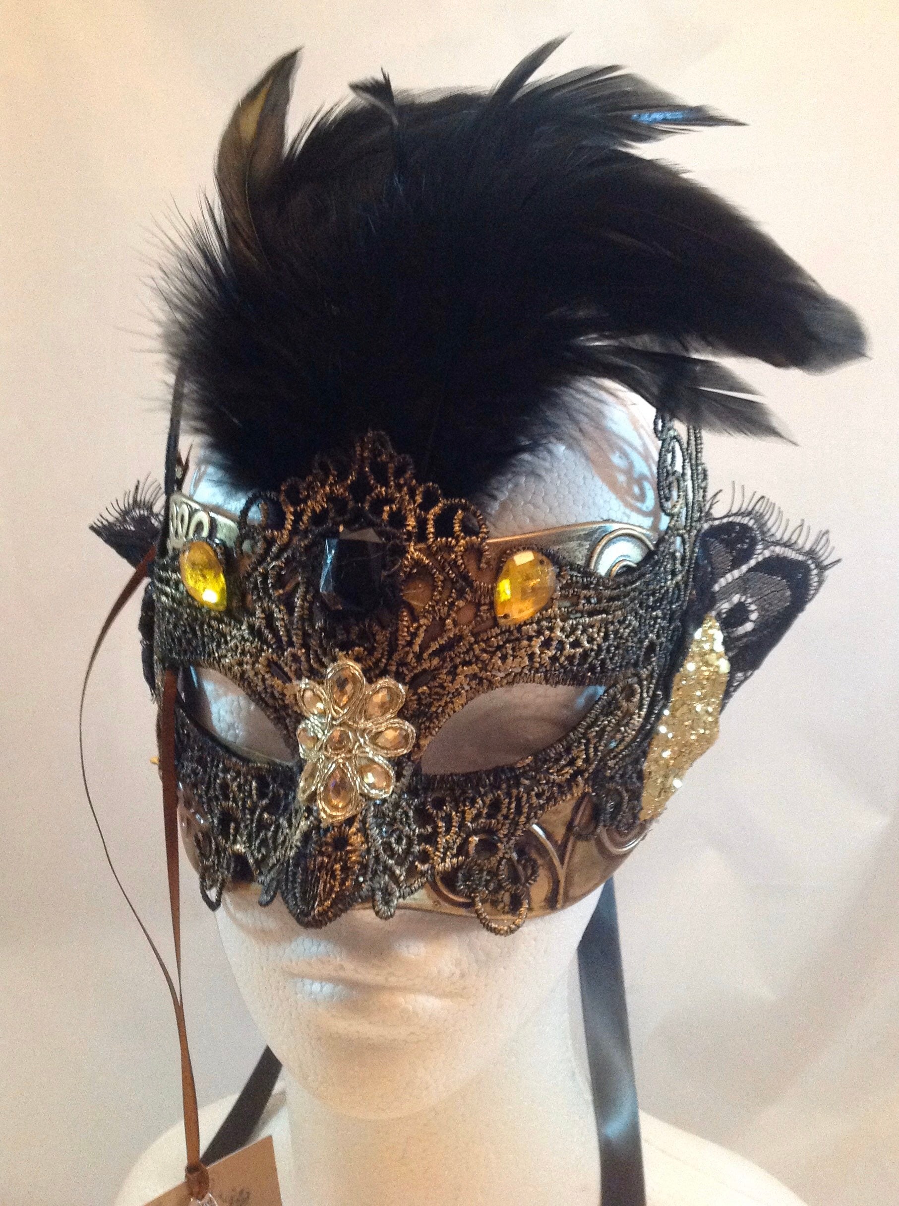 Venetian Double Mask - Black Lace, Gold With Feathers - Etsy