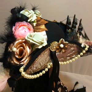 Stunning and Detailed Marie Antoinette 18th Century Tricorn Pirate Hat with a Galleon Ship with Faux Flowers, Feathers and Pearls 52cm crown image 9