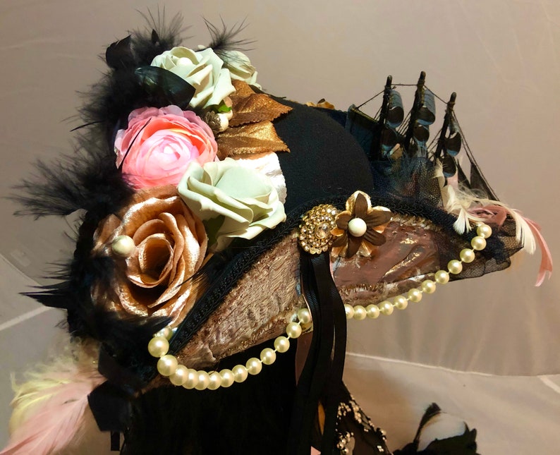 Stunning and Detailed Marie Antoinette 18th Century Tricorn Pirate Hat with a Galleon Ship with Faux Flowers, Feathers and Pearls 52cm crown image 9