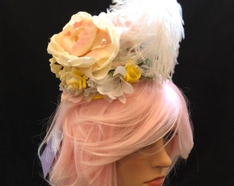 Delicate Marie Antoinette Peach, Yellow and Ivory Fascinator with Silk Faux Flowers, Feathers & Pearls