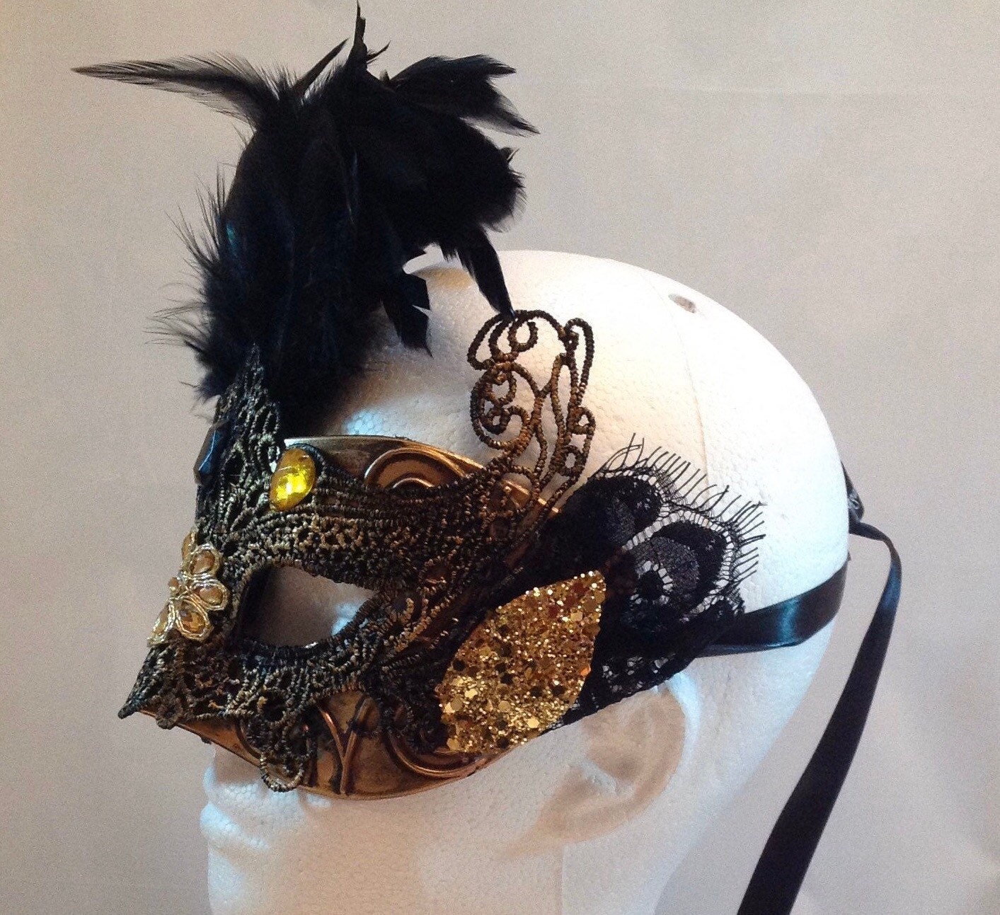 Venetian Double Mask Black Lace, Gold With Feathers - Etsy