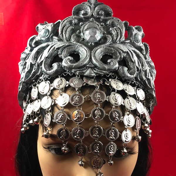 Silver Cosplay Warrior Arabic, Belly Dance Burlesque Headband Headdress with Moulded Frame, Silver Chainmail, Crystals, Pearls, Diamonté