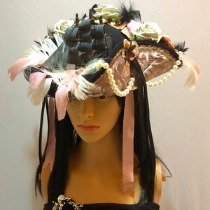 Stunning and Detailed Marie Antoinette 18th Century Tricorn Pirate Hat with a Galleon Ship with Faux Flowers, Feathers and Pearls 52cm crown image 8