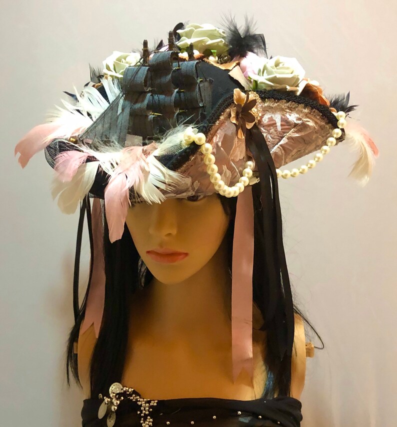 Stunning and Detailed Marie Antoinette 18th Century Tricorn Pirate Hat with a Galleon Ship with Faux Flowers, Feathers and Pearls 52cm crown image 8